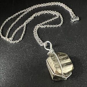 Raw Pyrite Gemstone Cube Wire Wrapped Pendant Necklace